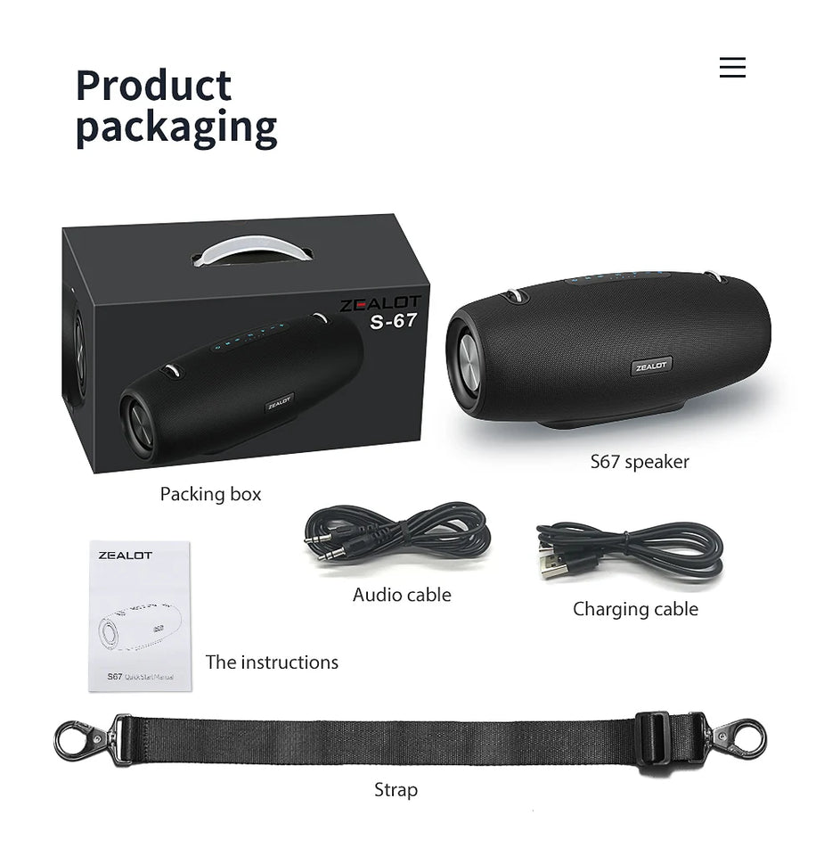 Zealot S67 Wireless Speaker WithShoulder Strap,Outdoor,Waterproof,Portable Speaker with Loud Stero and Booming Bass,40H Playtime