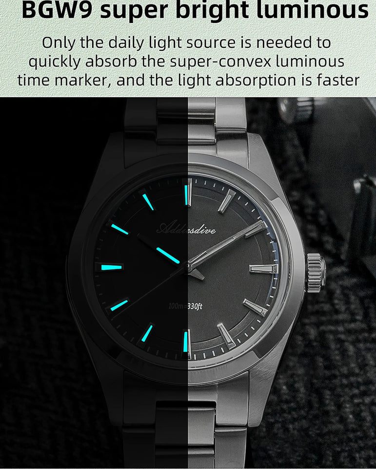 ADDIESDIVE AD2066 Men's Luxury Watch 10Bar Waterproof BGW9 Super Luminous 316L Stainless Steel reloj hombre VH31 Quartz Watches