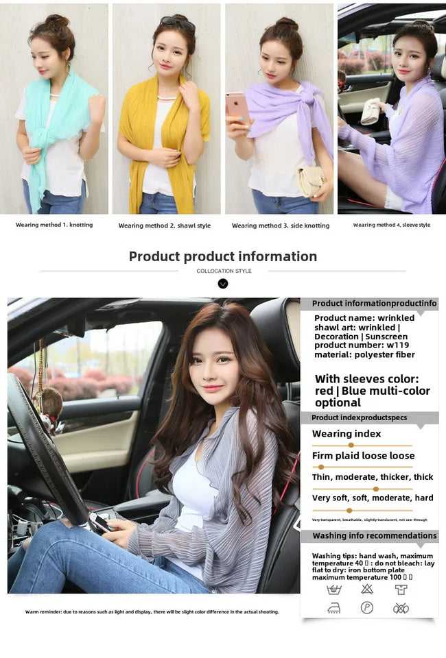 Summer Multi-functional Sunscreen Shawl Women's Long-sleeved Loose Light Breathable Anti-UV Pleated Chiffon Scarf Driving Sleeve