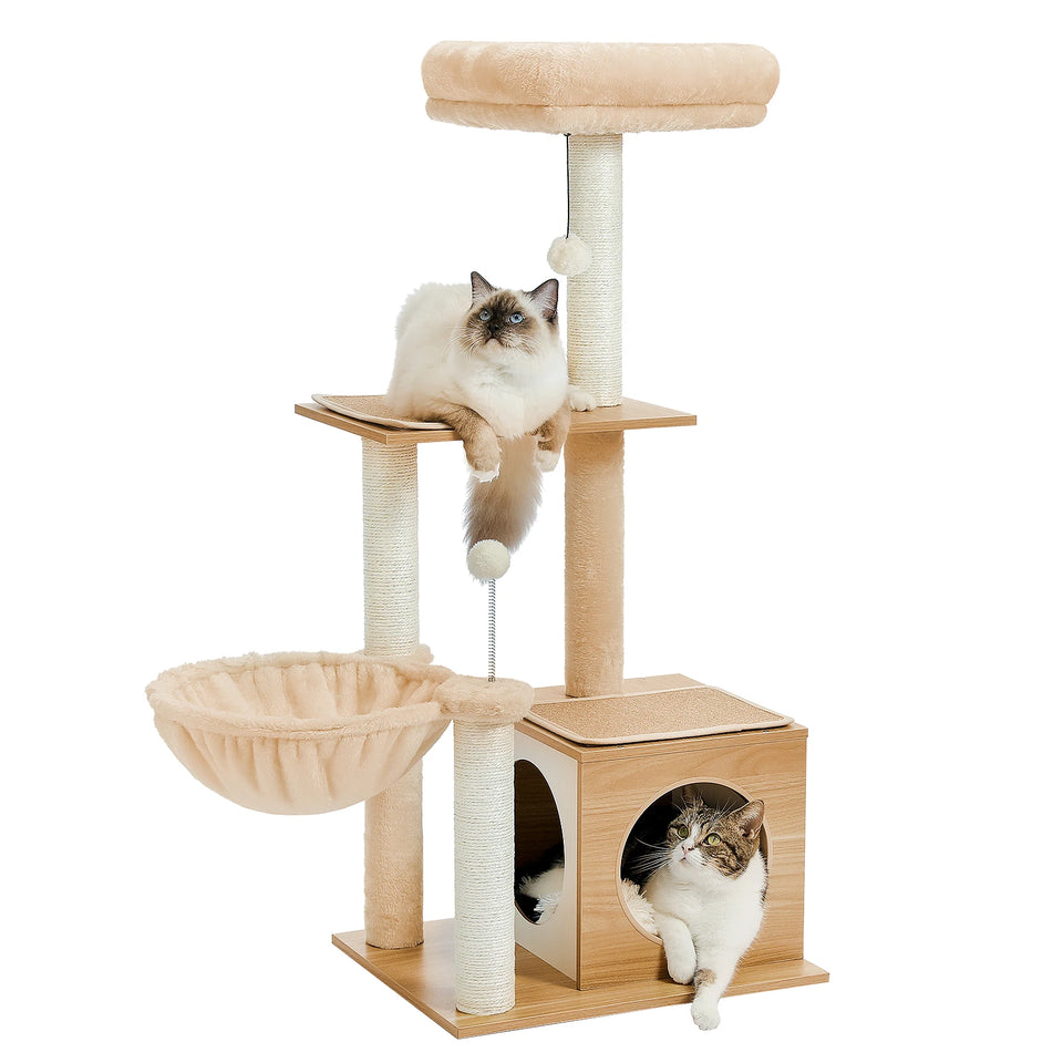 Modern Cat Tree for Indoor Cats Multi-Level Wood Cat Tower with Cozy Condo Hammock Sisal Scratching Posts Kitten House Cat Toys