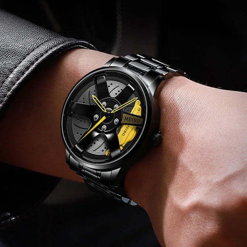 New Top Men Stainless Steel Watches Mens Car Wheel Hub Leather Quartz Watch For Male Military Sport Watch Relogio Masculino Hot
