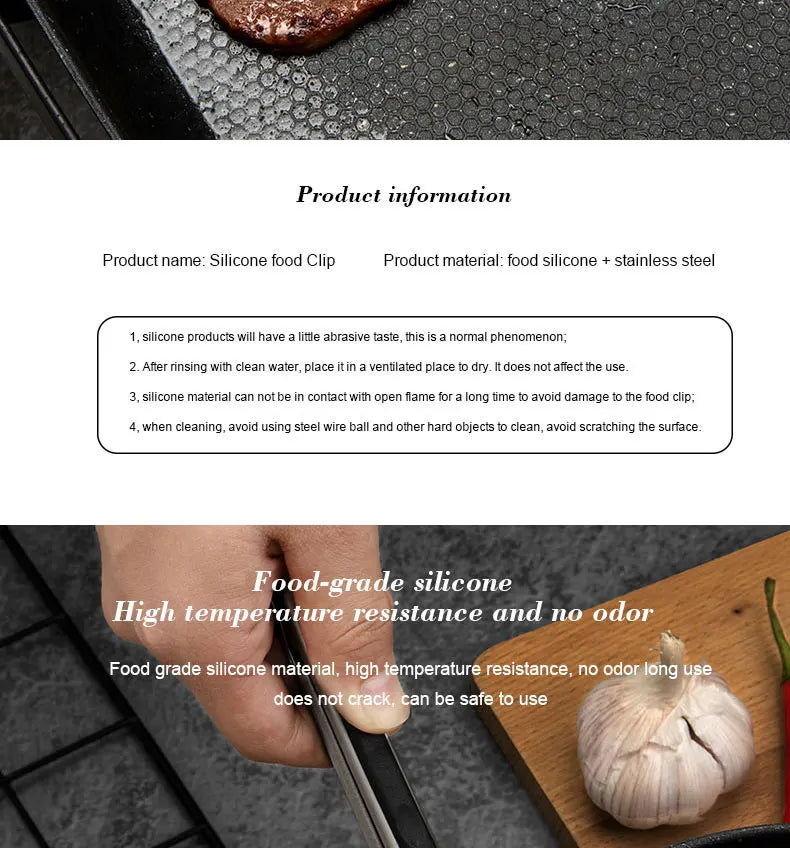 1 Pc Black Silicone Food Tongs, Stainless Steel Food Tongs Outdoor BBQ Clamps For Camping Kitchen Tongs For Baking Steak