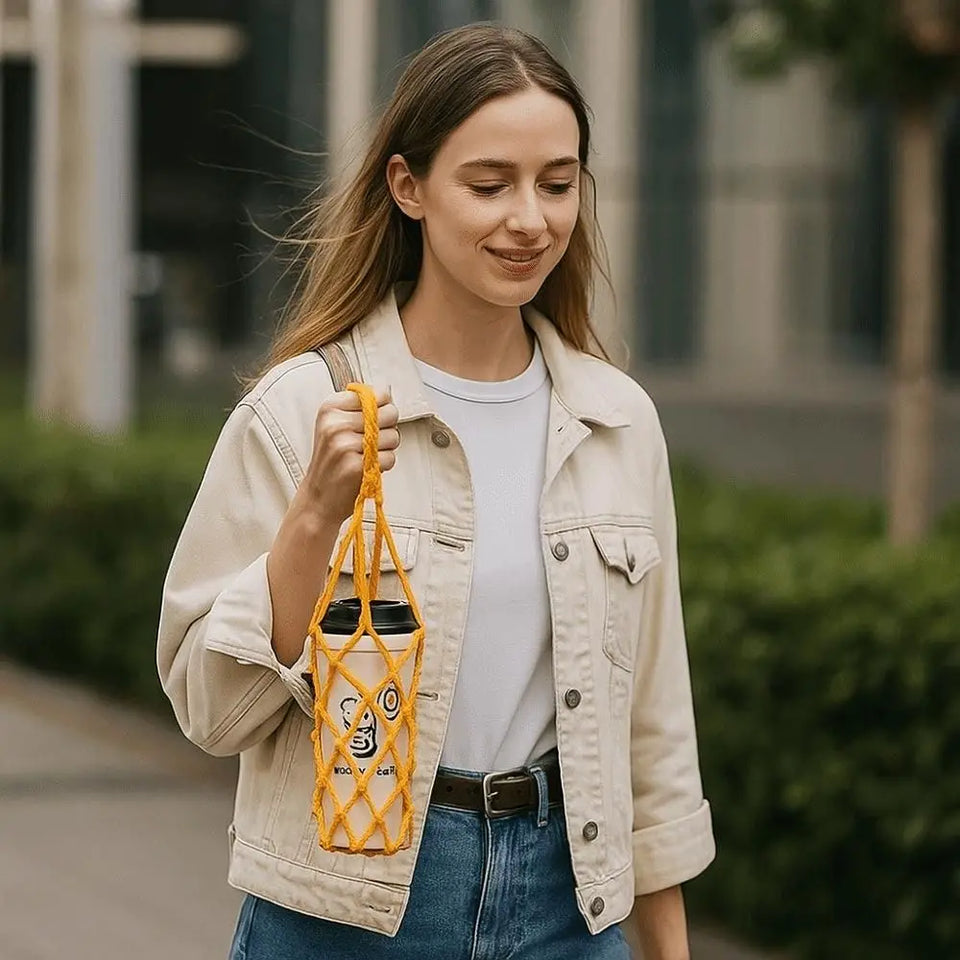 1 Hand Woven Mesh Bag,water Cup,portable Beverage and Coffee Bag,reusablehandheld Kettle Bag, Beverage Bag, Decorative Mesh Bag