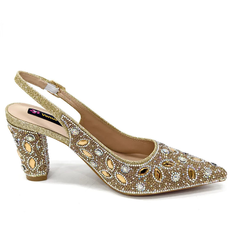 Elegant And Sexy Golden Color High Heels Shoes And Bag With Rhinestone Embellished Toe Is Comfortable Women's Shoes For Party