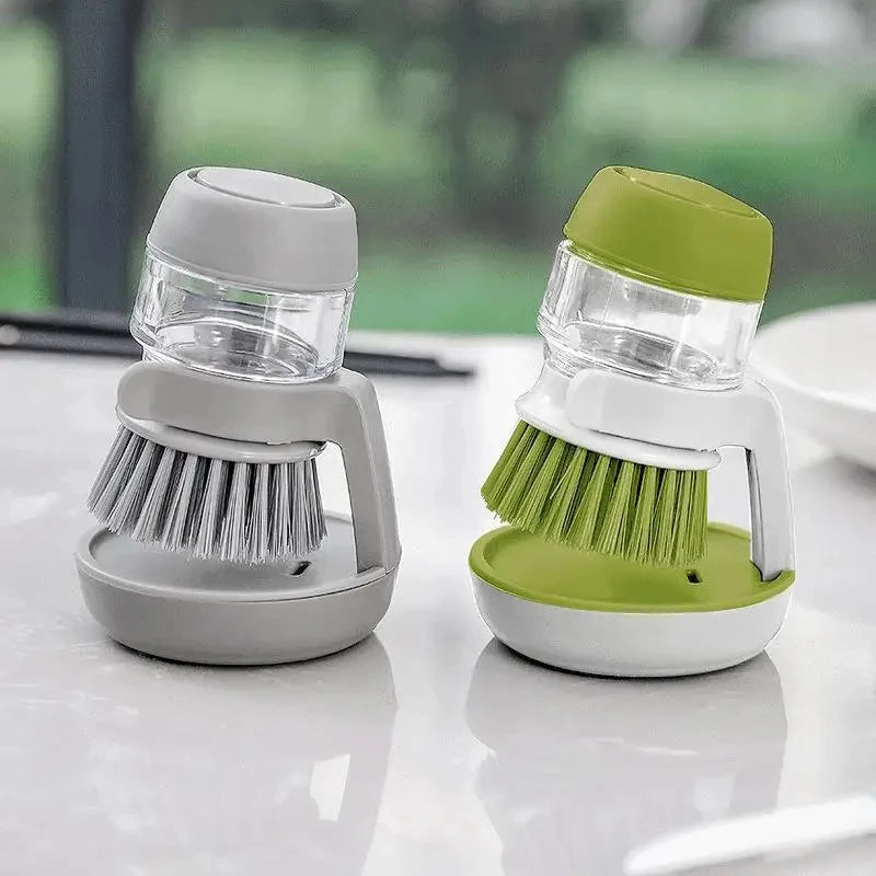 Multi-Use Kitchen Dish Brush, Soap Dispensing Palm Brush with Tray, Universal Scrub Brush for Household Cleaning