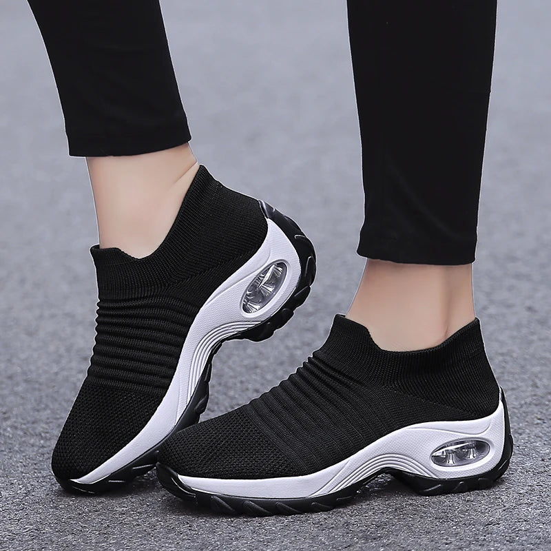 Women Sneakers Fashion Black Sports Casual Shoes Breathable Mesh Lightweight Air Cushion Non-Slip Running Shoe Zapatillas