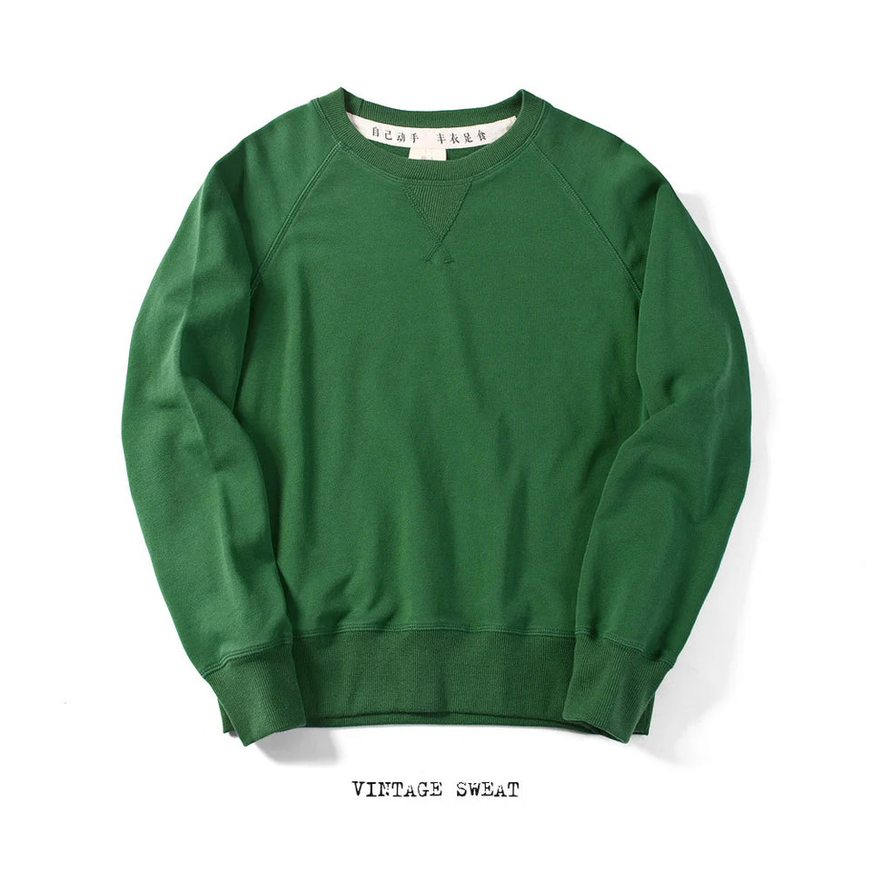 Retro Olive Green Heavy Terry Pullover Sweatshirt Trendy Brand Solid Color Long Sleeve Cotton Men's Loose Retro Trend