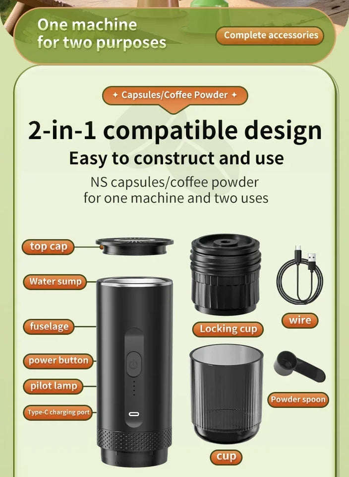 Electric Espresso Coffee Machine for Car & Home Camping Portable Coffee Maker Capsule Powder Travel 2-in-1 Wireless Coffee Maker