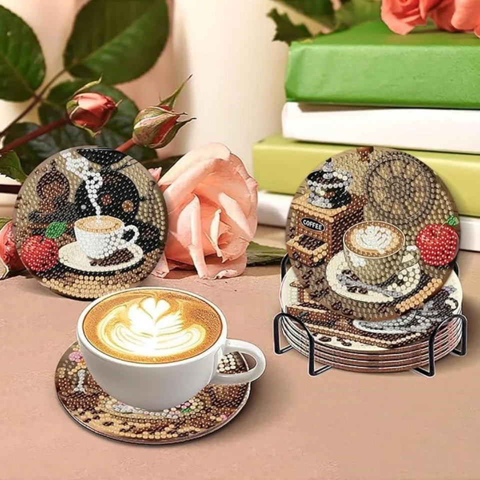 8 pieces/set of diamond painted coaster set with coffee pattern coaster (with holder) - DIY diamond art craft kit for home decor