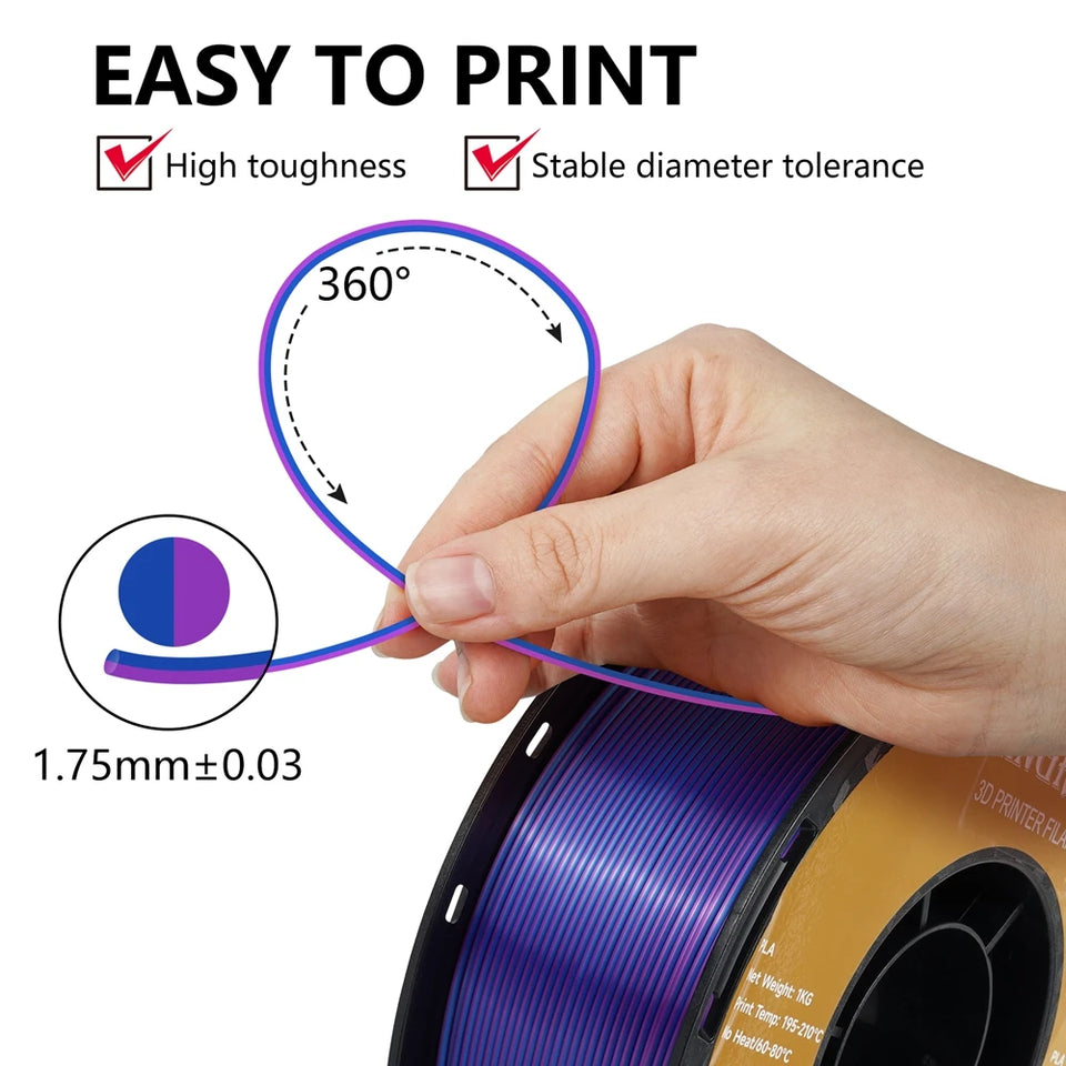 KINGROON Dual-color Silk PLA Filament 1.75mm 2 Color Coextrusion Glossy 3D Printer Filament PLA, 3kg/pack 1kg each spool