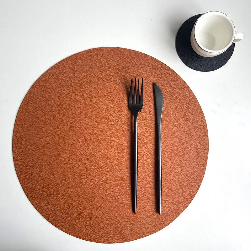 1/6/10 Sets Round PU Leather Placemats & Coaster Set Oil-Proof Waterproof Insulation Mat for Kitchen Coffee Shop Christmas Decor