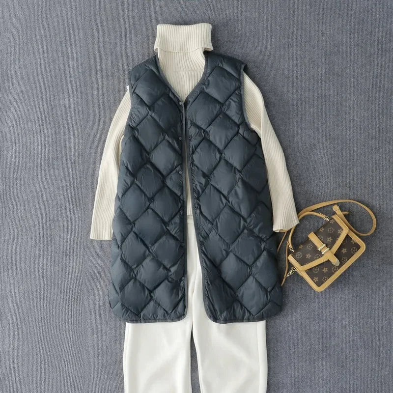 New Arrivals Korean X-long Sleeveless Puffer Jacket 2025 Autumn Winter Women Fashion Ultra Light Down Liner Warm Coats 3xl