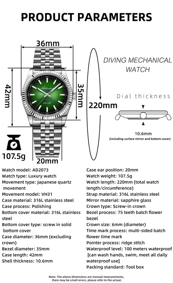 ADDIESDIVE AD2073 Men's Business Watch Sapphire Glass Stainless Steel Quartz Wristwatches Gradient Red Dial Watches Reloj Hombre