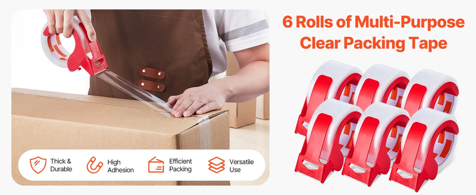 SucceBuy 6 Rolls 59M Transparent Tape BOPP Paper Packaging Sealing Tape with 6pcs Dispenser for Box Moving Packing, Shipping