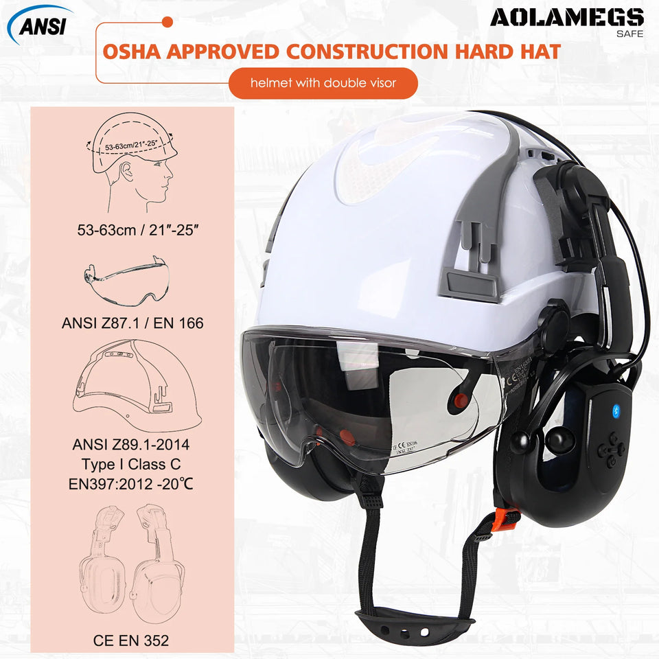 CE Safety Cap w/ 5.0 Bluetooth Earmuffs Reflective Stickers Double Goggles Construction Engineer Helmets ABS Industrial Hard Hat
