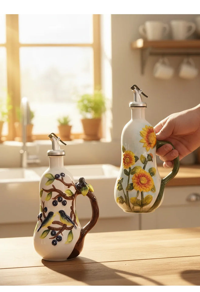 Hand-Painted Ceramic Seasoning Bottle Bird Flower Fruit Soy Sauce Vinegar Oil Bottle Coffee Table Wine Cabinet Decoration
