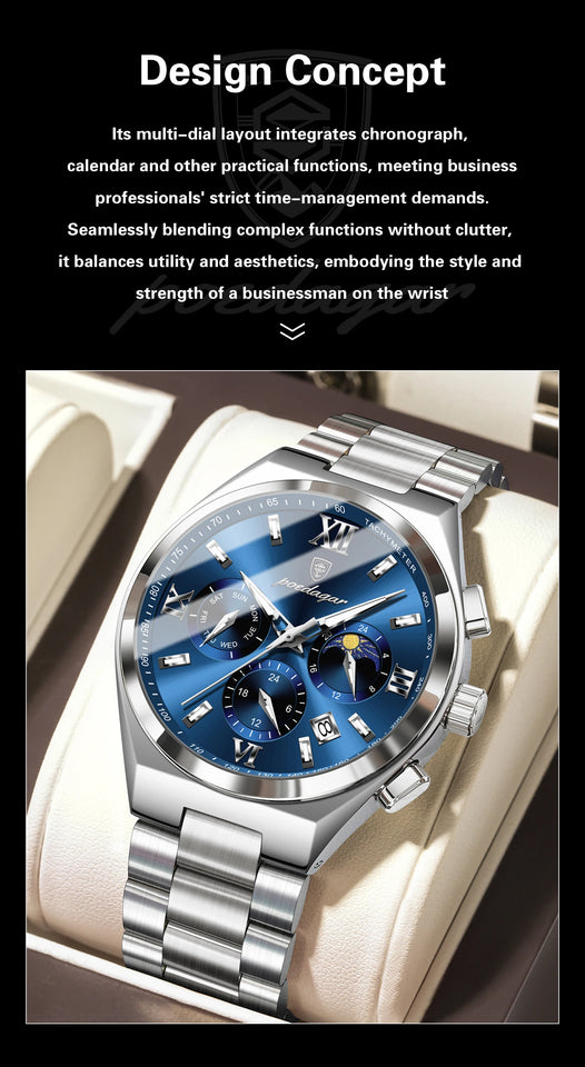 POEDAGAR Fashion Functional Man Wristwatch Luminous Week Date Business Watch For Men Stainless Steel Sports Men's Quartz Watches