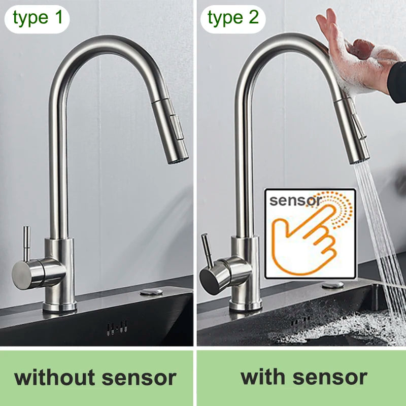 Smart Sensor Touch Kitchen Sink Faucet Brushed Nickel Poll Out Spout Black/Gold Sensor Faucets 360 Rotation Crane Two Functions