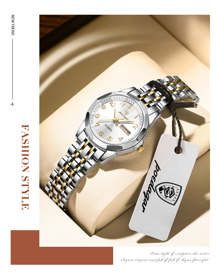 POEDAGAR Elegant Ladies Watches Waterproof Luminous Date Week Watch for Woman High Quality Stainless Steel Quartz Women's Watch