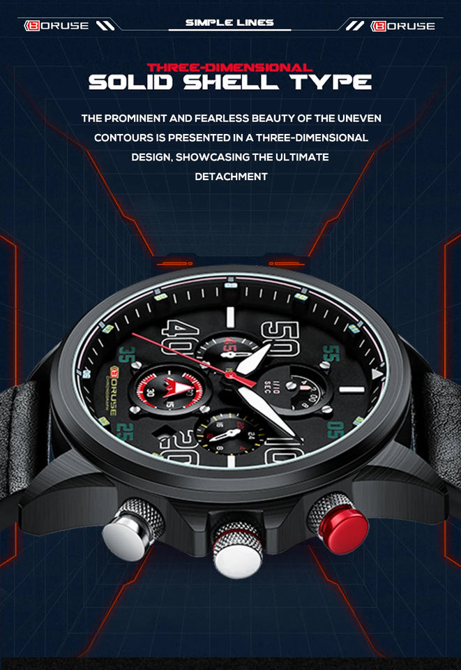 BORUSE Fashion Mens Sports Watches Luxury Men Business Wrist Watch Leather Quartz Watch Waterproof Luminous Male Clock With Box