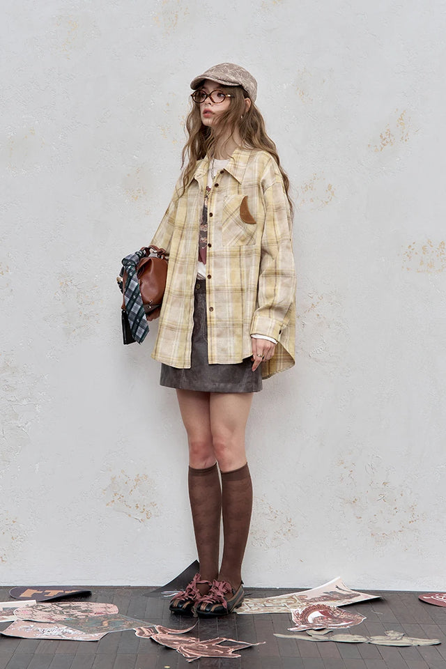 2025 Autumn ELFSACK New Arrivals Casual Color Block Plaid Oversized Long Sleeve Lapel Collar Shirt For Women