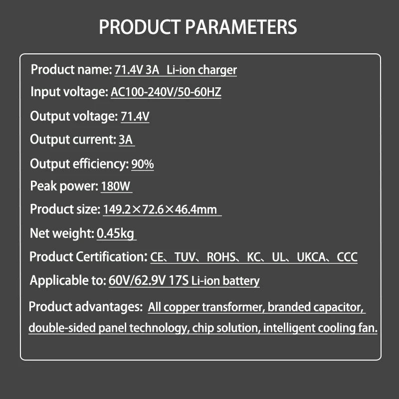 71.4V 3A 4A 2A Li-ion Charger 17S 61.2V 62.9V 3A Lithium Chargers T/PC/IEC 3Pin Connector