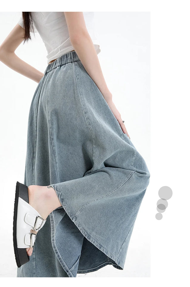 Long Denim Skirt Women 2024 Spring Summer New Arrivals High Elastic Waist A Line Jeans Skirts Korean Fashion Casual Blue Skirts