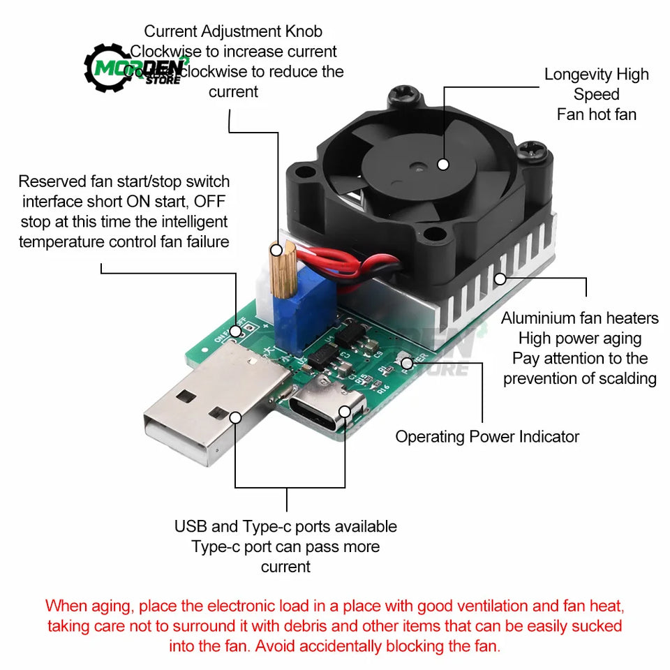 18W 22.5W Electronic Test Load Resistor USB Interface Battery Discharge Capacity Tester with Fan Adjustable Current Module Tool