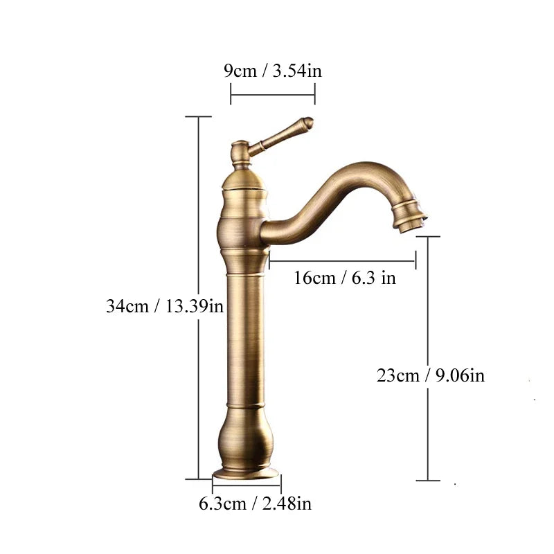 Antique Brass Basin Faucet Deck Mounted Single Handle Bathroom Accessories Crane Long Spout Lavatory Sink Hot Cold Mixer Tap