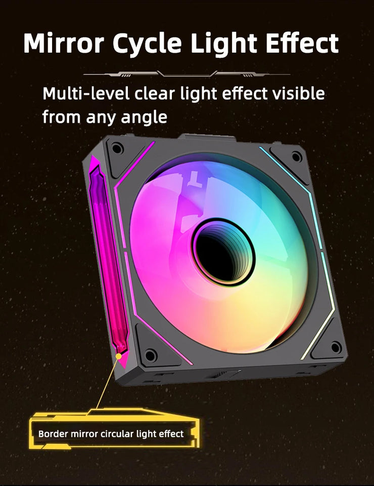 COOLCIRC PC Case Fan 120mm ARGB  Mirror Cycle Light Effect CPU Cooler Fan 4PIN PWM 58.36CFM Fan for Computer Water Cooler