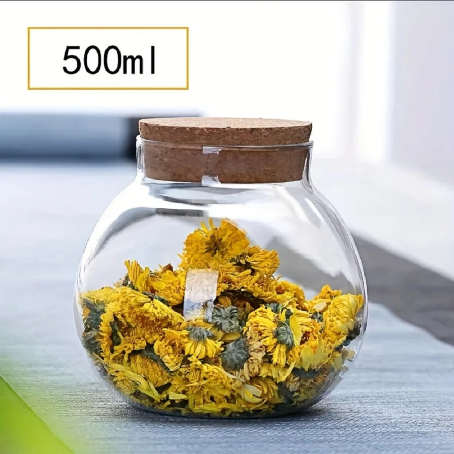 1pc Storage Container, 500ml Round Glass Storage Jar With Sustainable Cork Lid, For Coffee,Tea,Spices ,Kitchen Organizers