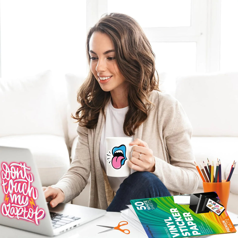 Premium Printable Vinyl Sticker Paper for Inkjet and Laser Printer - 50 White Matte Sticker Paper Waterproof