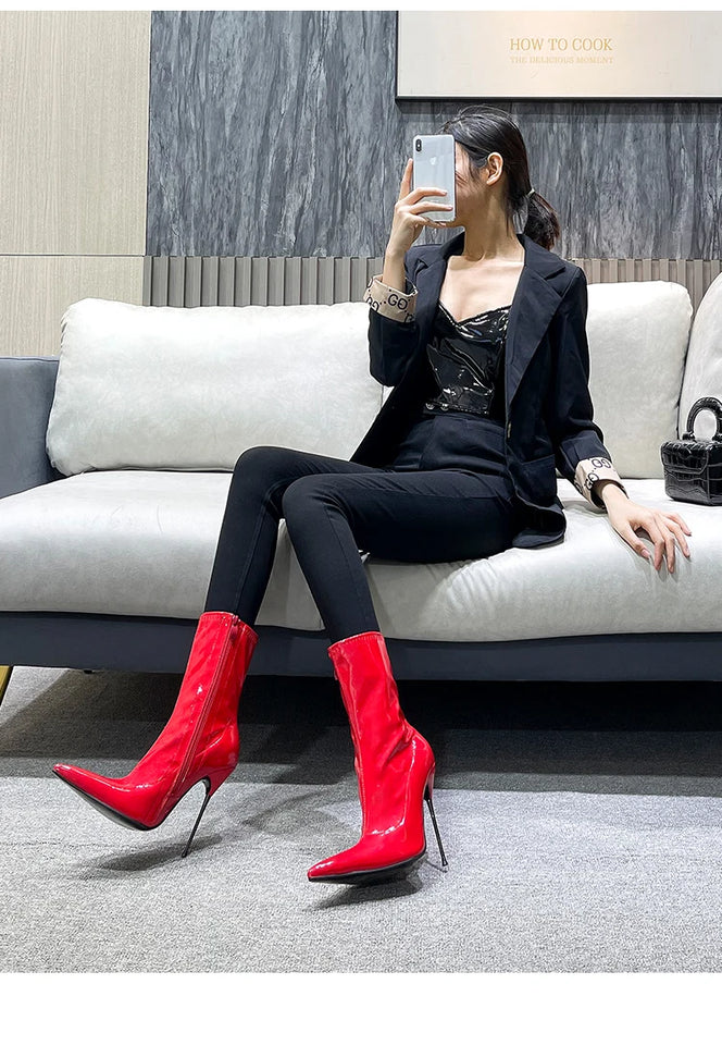 Knee-High Modern Boots Pointy Toe Women Shoes 13cm Ultra Thin Steel High Heels Metal Heel Calf Boots for Women Fun Shoes Size 46