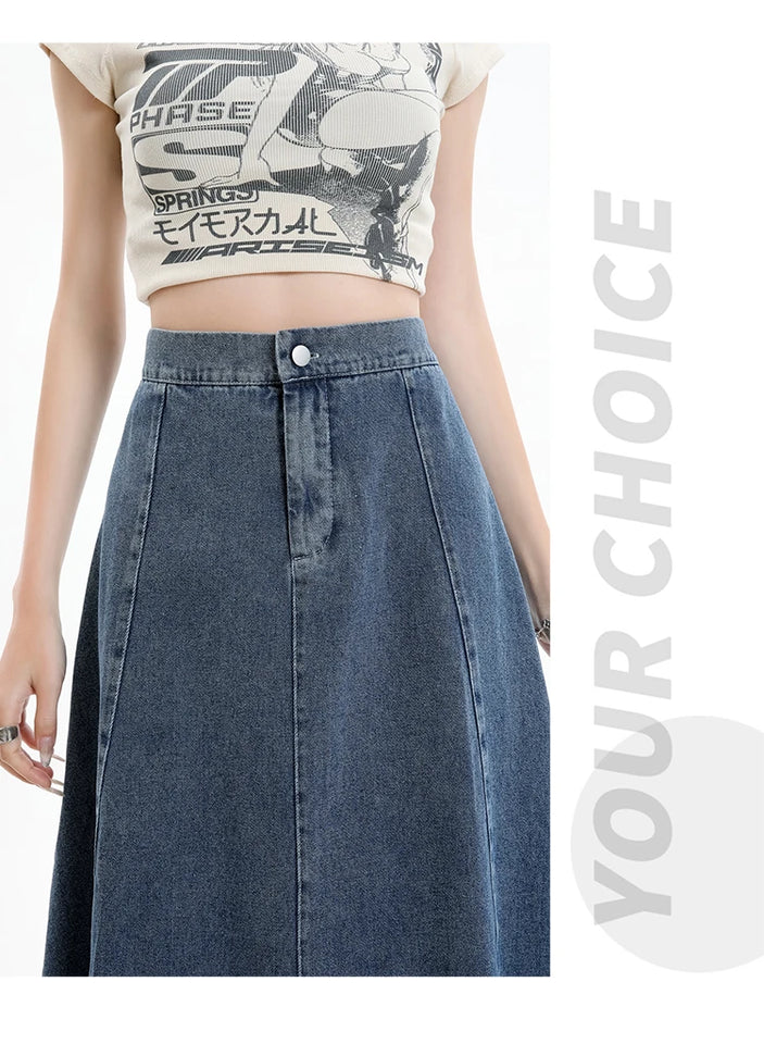 Long Denim Skirt Women 2024 Spring Summer New Arrivals High Elastic Waist A Line Jeans Skirts Korean Fashion Casual Blue Skirts