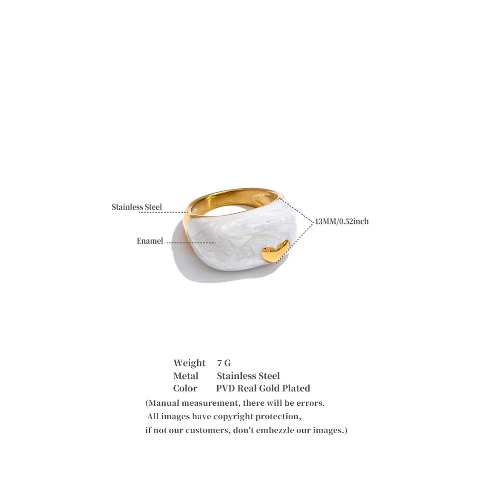 Yhpup Size 6789 New Arrivals White Enamel Heart Casting Ring Waterproof 18K Gold Color PVD Plated Stylish Chic Jewelry