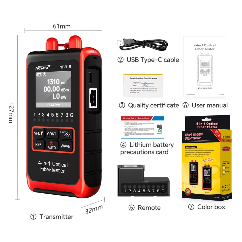 NOYAFA NF-916 4 In 1 Optical Fiber Tester Optical Power Meter VFL REF FC SC ST Visual Fault Locator LCD Display Network Tools