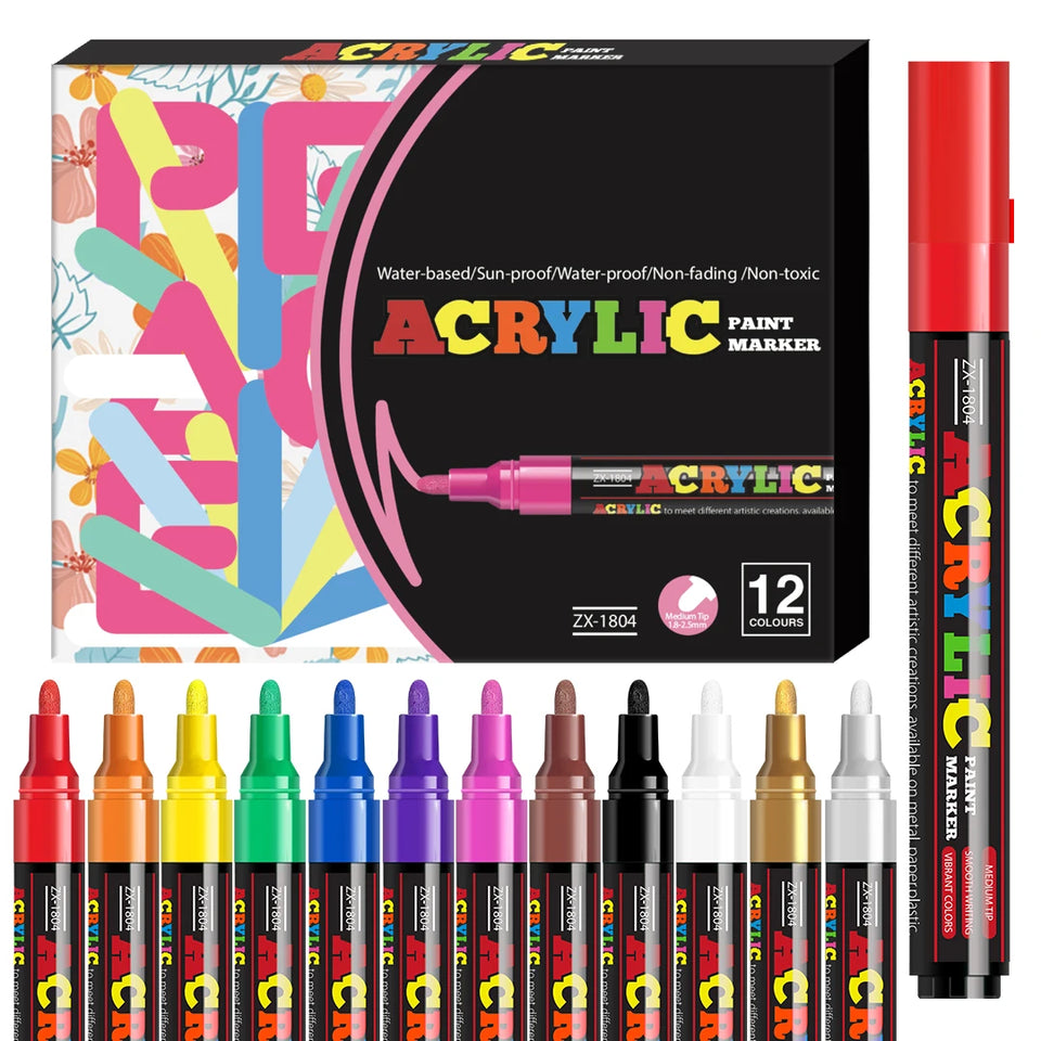12/18/24 Vibrant Acrylic Marker Set, Medium Tip (2-3mm) Suitable for Rock Painting, Black Paper, and Skateboard Decoration