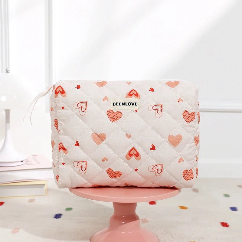 Storage Organizer Cherry Printing Makeup Bag Quilted Cosmetic Pouch Large Travel Cosmetic Bag Cute Cotton Makeup Pouch