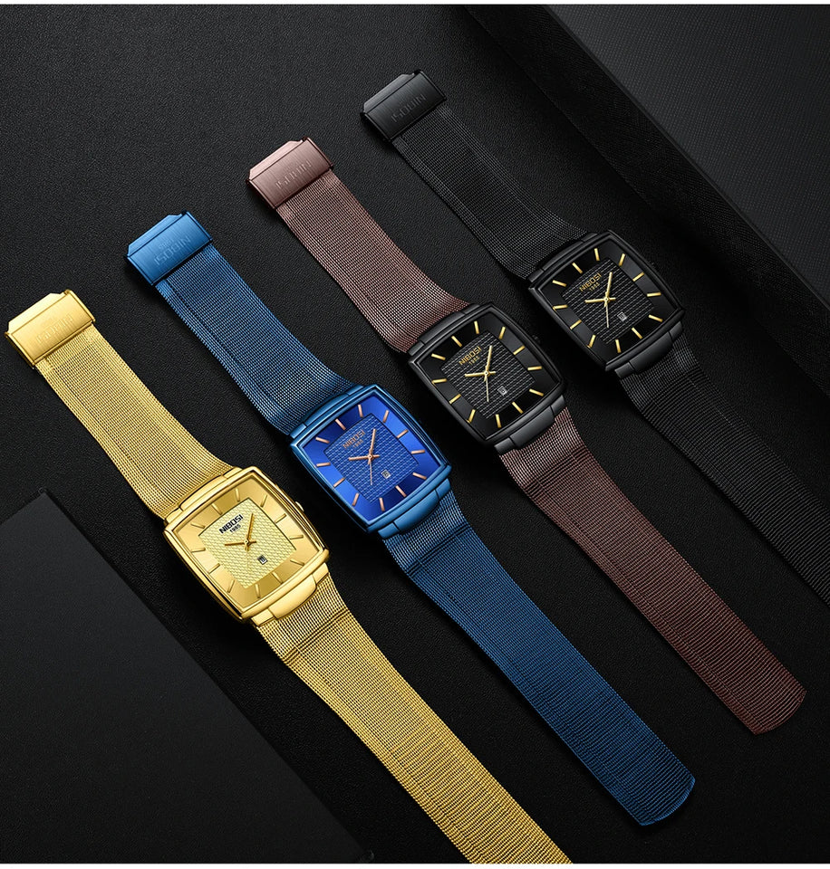 NIBOSI Mens Watches Top Brand Luxury Square Quartz Watch Men Slim Mesh Waterproof Sport Wristwatch Date Luminous Reloj Hombre