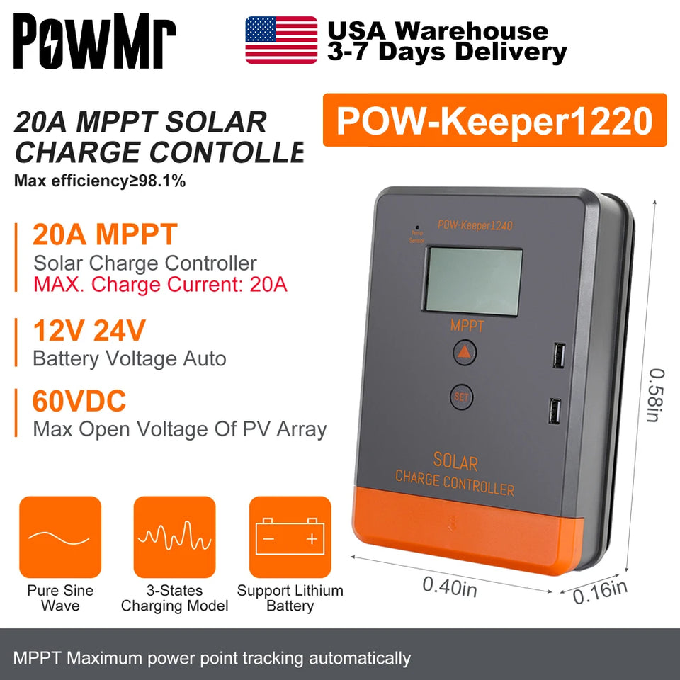 PowMr USA 20A 30A 40A MPPT Solar Charge Controller LCD Display for 12V 24V Power Bank AGM Gel Flooded Lithium Batteries Charger