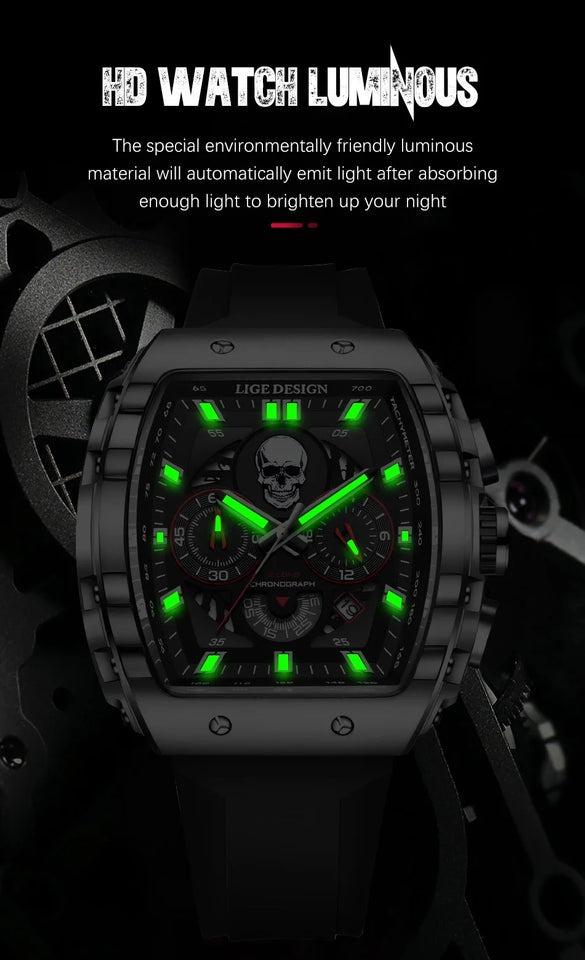 LIGE Brand Mens Watch Skeleton Skull Dial Sports Military Watches Men Fashion Luxury Waterproof Quartz Watch Chronograph Relogio