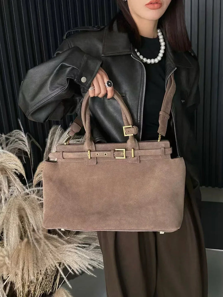 Winter Matte Coffee Camel Grey Large Tote Russian Style Real Suede Cow Leather Women Handbag Nubuck Commuter Office Shoulder Bag