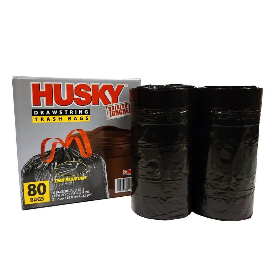 Large Trash Bags 30 Gallon 80 Count Tear-Resistant Drawstring Black Bags Unscented Durable Home Garage Waste Cleanup