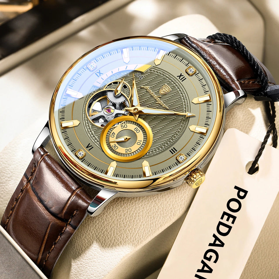 POEDAGAR Fashion Business Men Watch Waterproof Luminous Hollow Tourbillon Male Clock Automatic Mechanical Leather Men's Watches