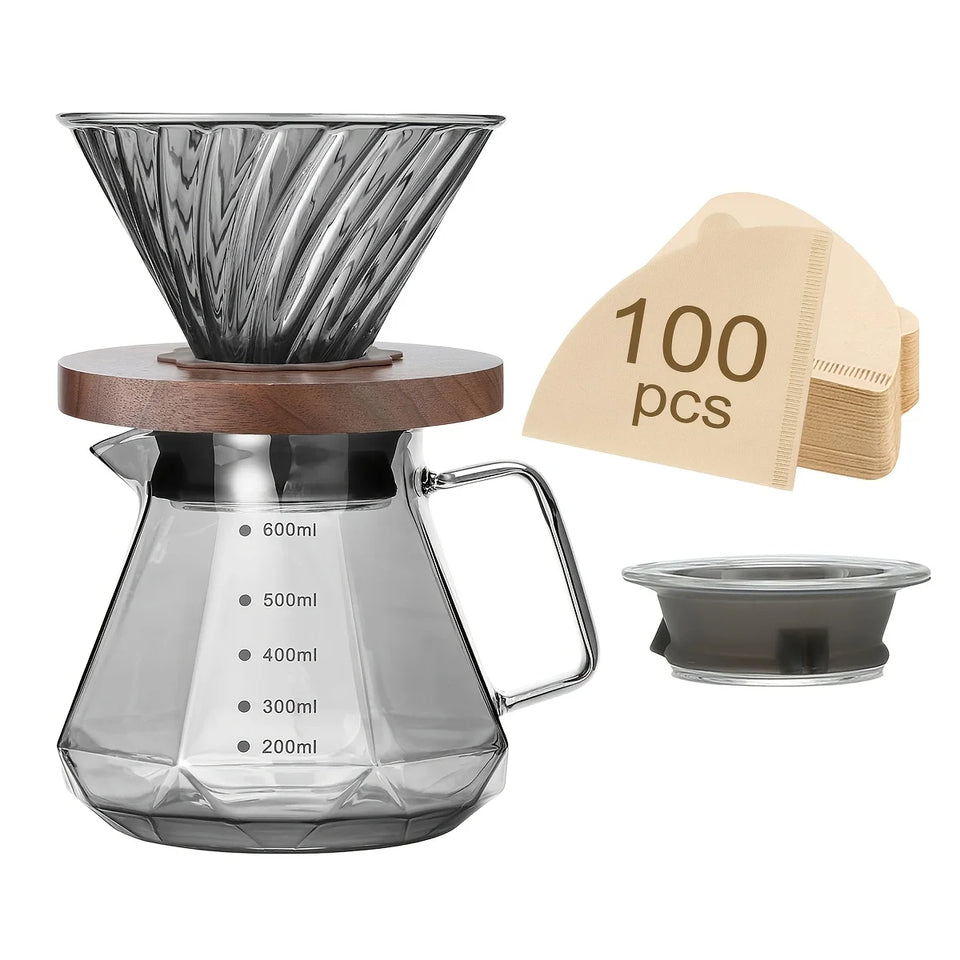 Pour Over Coffee Maker Set, 20 oz Borosilicate Glass Carafe with 100 pcs V02 Paper Filter, Walnut Handle & Glass Lid, Gray