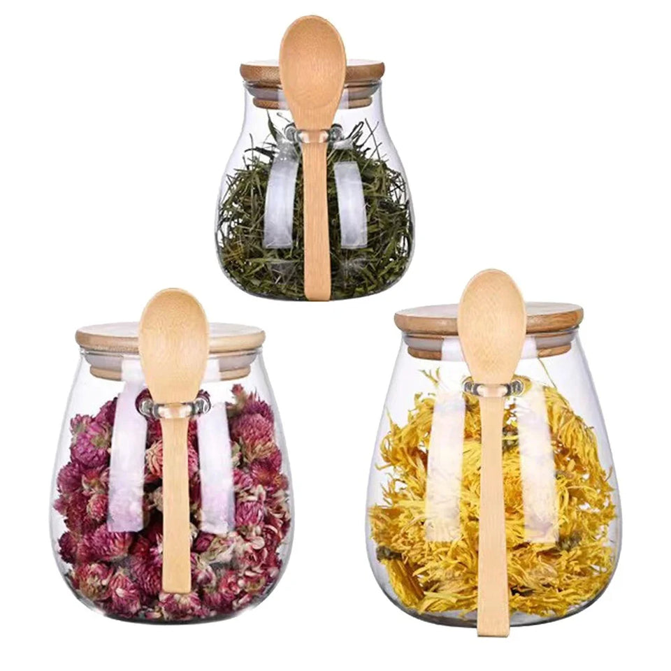 1pack 350/600/1000ml Airtight Glass Jar Storage Container with Bamboo Lid Food Storage Pots For Coffee Beans Tea Dried Grains