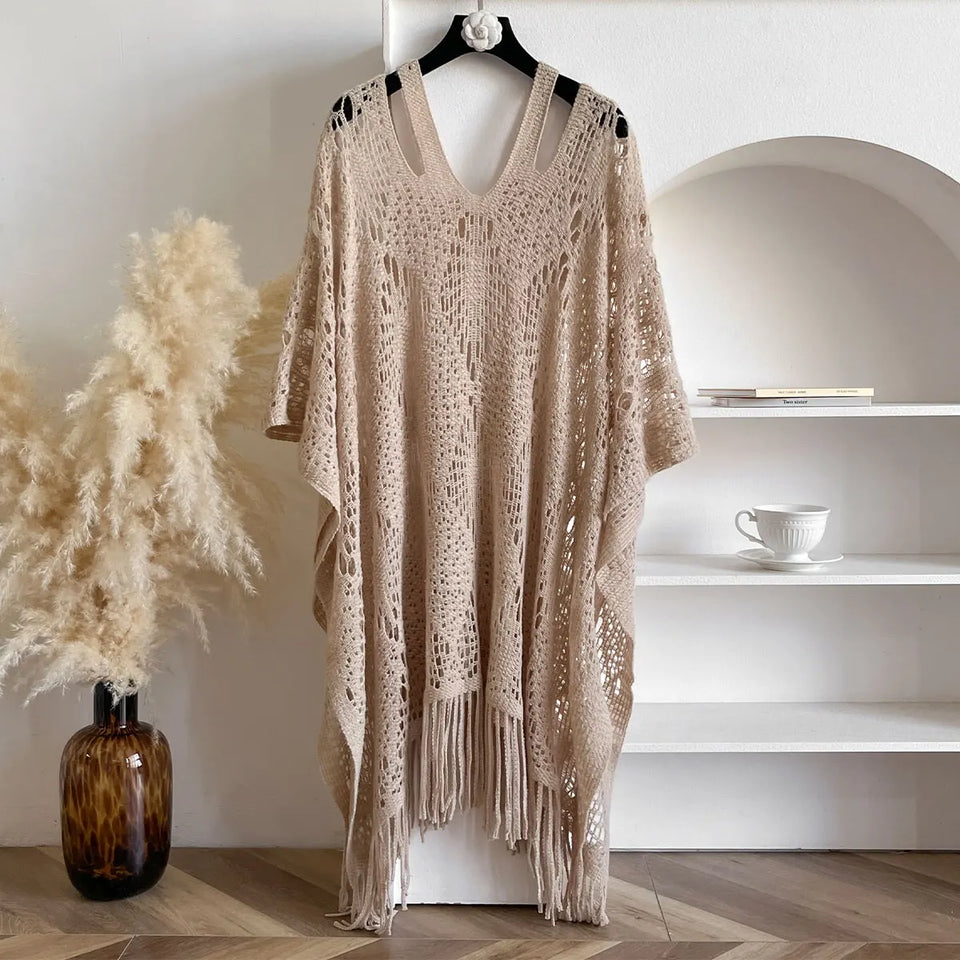 New Spring and Summer Fashion Women's Fringed Knitted Shawl Women Hollow out Solid Color Capes Knitted Pullover