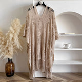 New Spring and Summer Fashion Women's Fringed Knitted Shawl Women Hollow out Solid Color Capes Knitted Pullover