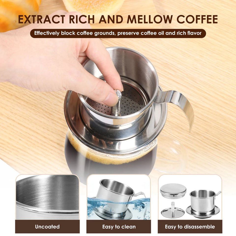 Vietnamese Coffee Filter Stainless Steel Phin Drip Coffee Pot Press Maker with 100pcs Filter Paper for Home Restaurant Travel