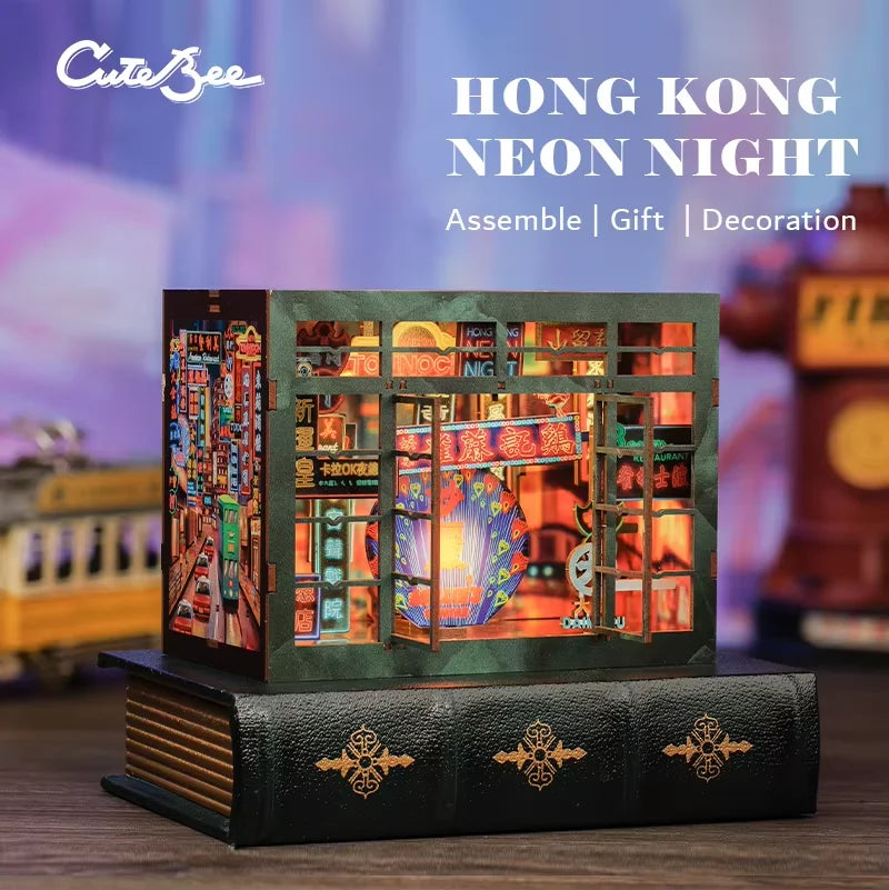 CUTEBEE 3D Wooden Bookend DIY Dollhouse Kit Bookshelf Insert with Led Light Hong Kong Night for Birthday Party Gift